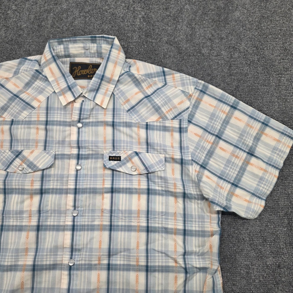 Howler Brothers Mens Gaucho Snap Shirt Blue Orange Plaid Short Sleeve Medium